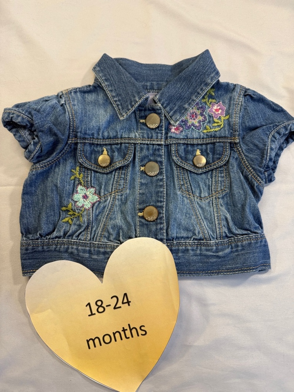 GAP - short sleeve crop jean jacket with embroidered  flowers - Size 18 to 24 mo